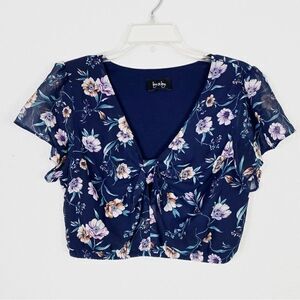 By & By Navy Floral Knotted Cropped Blouse